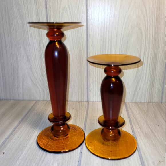 Vtg MCM Large Amber Glass Candle Holders Set Of 2 Retro Boho Victorian - Picture 1 of 5